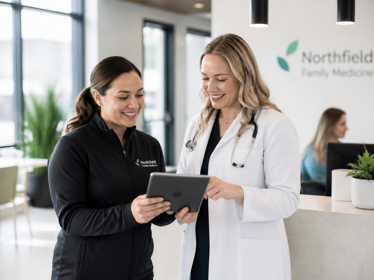 Practice staff and a clinician reviewing Competitors AI results on a tablet at a multi-location clinic front desk